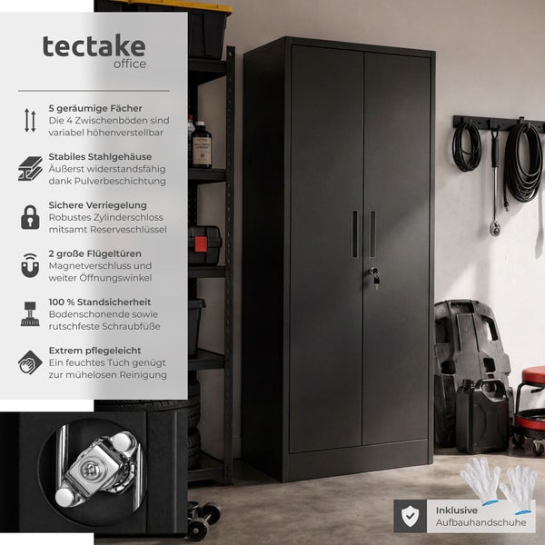 tectake office Logo. Hoher schwarzer Metallschrank mit zwei abschließbaren Türen in einer organisierten Werkstatt, inklusive Montagehandschuhe.