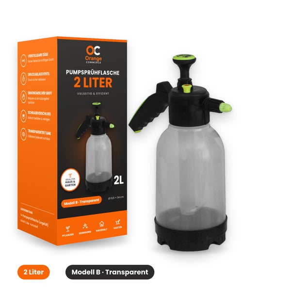 Orange Commerce Pumpsprühflasche 2 Liter aus Kunststoff für Haus und Garten mit verstellbarer Düse und Druckablassventil.
