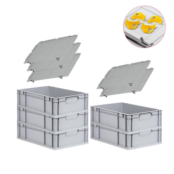 PROREGAL Spar Set 5x Eurobox Nextgen Economy Mit Auflagedeckel & 4x Schiebeschnappverschlüsse Gelb Griffe Geschlossen HxBxT 17 x 40 x 60 cm 34 Liter