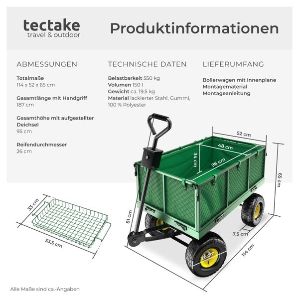Produktinformationen zum Bollerwagen mit Innenplane, Abmessungen, technischen Daten und Lieferumfang