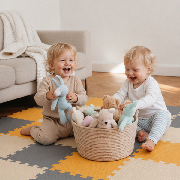 Zwei Kleinkinder spielen lachend auf einer Puzzlematte mit Stofftieren in einem geflochtenen Aufbewahrungskorb im Wohnzimmer.