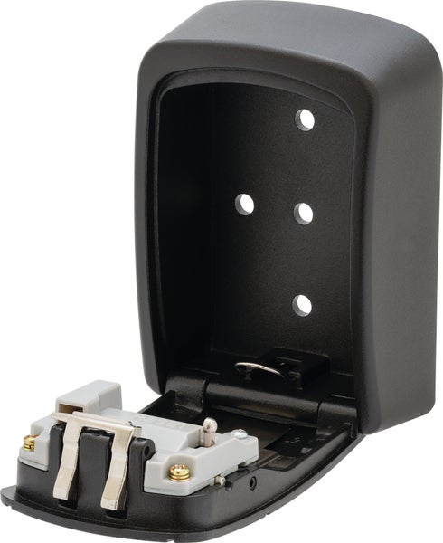 Offener schwarzer Schlüsselsafe aus Metall mit Montagebohrungen und Reset-Mechanismus.