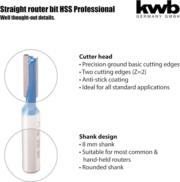 kwb HM Nut-Fräser Professional (für Holz, Ø 6mm, Arbeitslänge 20mm, Schaft 8mm, passend zu Allen üblichen Hand-Oberfräsen), blau/grau