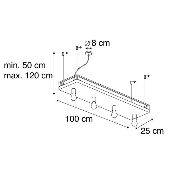 Technische Zeichnung einer Pendelleuchte mit den Maßen 100 cm x 25 cm und einer minimalen Abhänglänge von 50 cm, maximal 120 cm