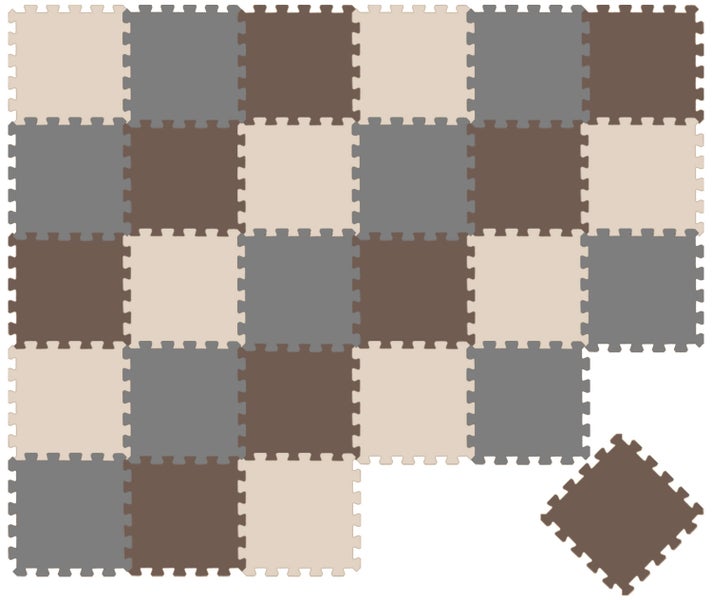 Ineinandergreifende Puzzlematte aus Schaumstoff mit quadratischen Fliesen in Grau, Beige und Braun.