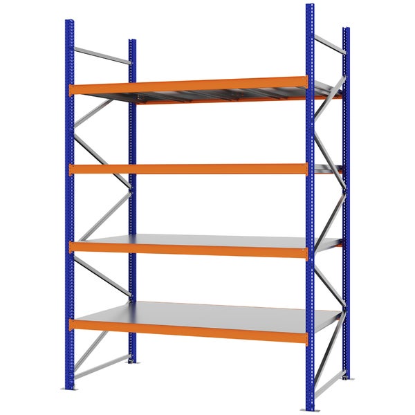 Schwerlastregal aus Metall mit vier Ebenen, blauen Rahmen und orangefarbenen Traversen.