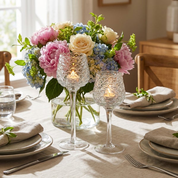 Zwei Glas Teelichthalter auf Fuß mit Strukturmuster als Tischdekoration neben einem Blumenstrauß auf einem gedeckten Esstisch.