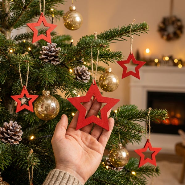 Hand hält einen hölzernen Weihnachtsbaumschmuck in Sternform vor einem dekorierten Weihnachtsbaum mit Lichterkette und glänzenden Kugeln.