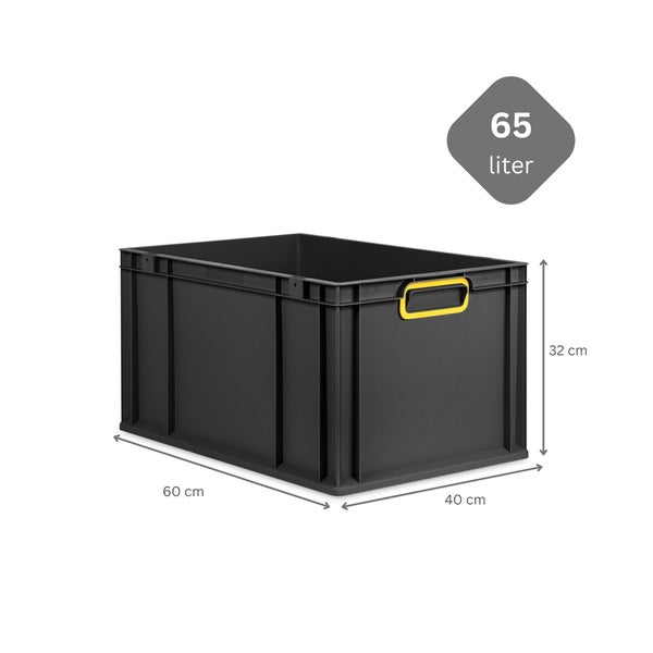PROREGAL SuperSparSet 3x Eurobox NextGen Color, HxBxT 32x40x60cm, 65 Liter, Griffe gelb geschlossen, Verstärkter Boden, Schwarz, Eurobehälter, Transportbox, Transportbehälter, Stapelbehälter
