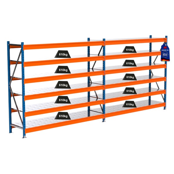 Industrieregal mit einer Traglast von 610 Kilogramm und Hergestellt in der Europäischen Union Siegel
