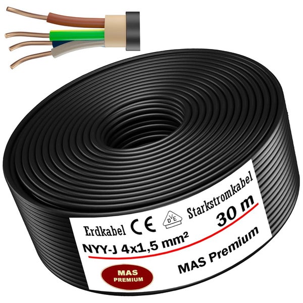 Erdkabel NYY-J 4x1,5 Quadratmillimeter, Starkstromkabel 30 Meter Rolle, MAS Premium, mit vier Adern, CE-gekennzeichnet und VDE-geprüft.