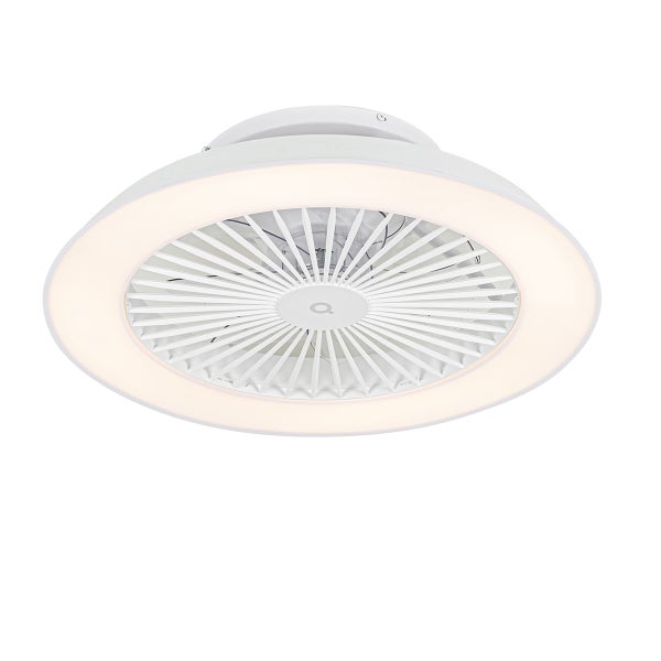 Deckenventilator mit integrierter LED-Beleuchtung, rundes Design, weiß.