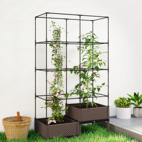 Zweistufiges Hochbeet-Set mit einem Rankgitter aus Metall, bepflanzt mit Rosen und Tomaten im Außenbereich.