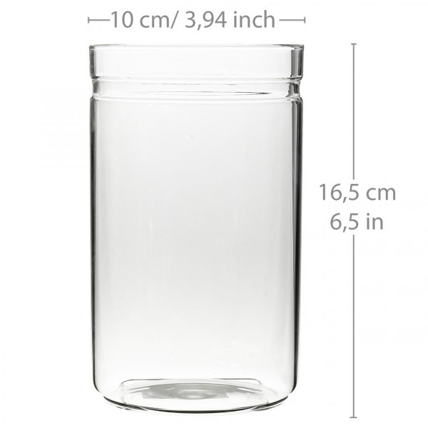 Zylindrisches Glasgefäß mit einer Höhe von 16,5 Zentimetern und einem Durchmesser von 10 Zentimetern.