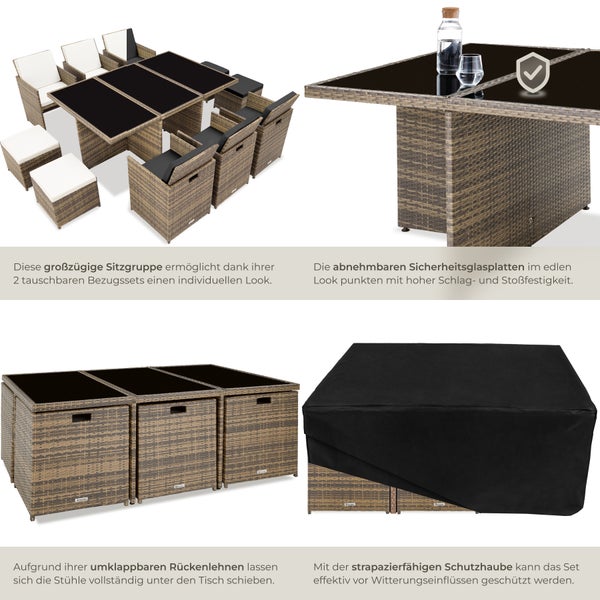 Rattan Sitzgruppe tectake New York 2 Bezugssets, zusammenschiebbar, inklusive Schutzhülle mit Aluminiumgestell natur
