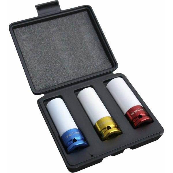 3-teiliges Schlagschrauber-Steckschlüssel-Set für Alufelgen, Größen 17 Millimeter, 19 Millimeter und 21 Millimeter, in schwarzer Kunststoffbox.