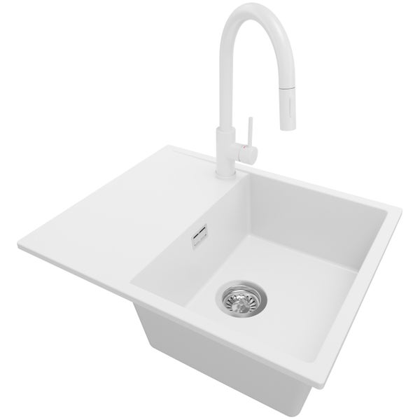 PRIMAGRAN Granitspüle Weiß 62x50cm, Spülbecken 1 Becken + Küchenarmatur 40x20cm + Ablauf-Set, Küchenspüle ab 45er Unterschrank - Ibiza