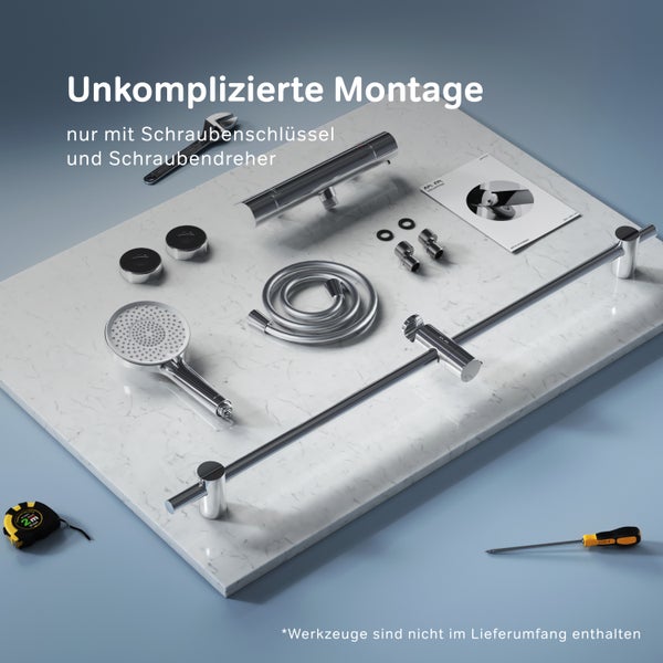 Duschsystem mit Thermostat Duschstange Handbrause Brauseschlauch S-Anschlüssen und Montageanleitung auf Marmorplatte zur einfachen Montage