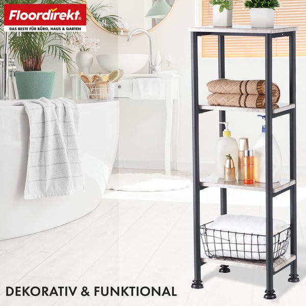 Badezimmer mit Badewanne, Waschbecken und Regal mit drei Ablagen