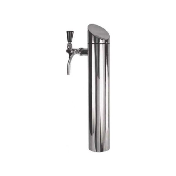 Bierzapfsäule aus verchromtem Metall mit einem Zapfhahn und modernem zylindrischem Design.