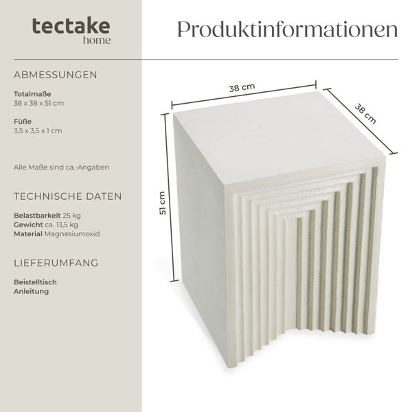Beistelltisch aus Magnesiumoxid mit geriffeltem Design und Abmessungen von 38 mal 38 mal 51 Zentimeter inklusive technischer Produktdaten