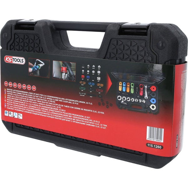 KS Tools Logo. Master-Leitungsverbinder-Löseclip-Satz für Clic-Federverschlüsse in schwarzem Tragekoffer