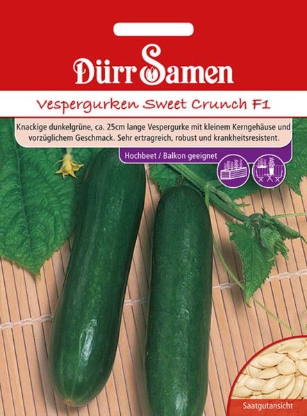 Saatgutpackung für Vespergurken Sweet Crunch F1 von Dürr Samen, Abbildung von zwei Gurken, Blättern und Samen, geeignet für Hochbeet und Balkon.