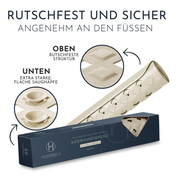 Homerella Badewannenmatte rutschfest Hautsensitiv 88x39cm, INKL. AUFHÄNGUNG | Antirutschmatte Badewanne BPA frei | Duschmatte schimmelresistent & maschinenwaschbar | Badematte rutschfest