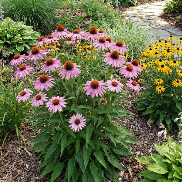 Gartenbeet mit Echinacea, Rudbeckien und Ziergräsern neben einem Steinweg.