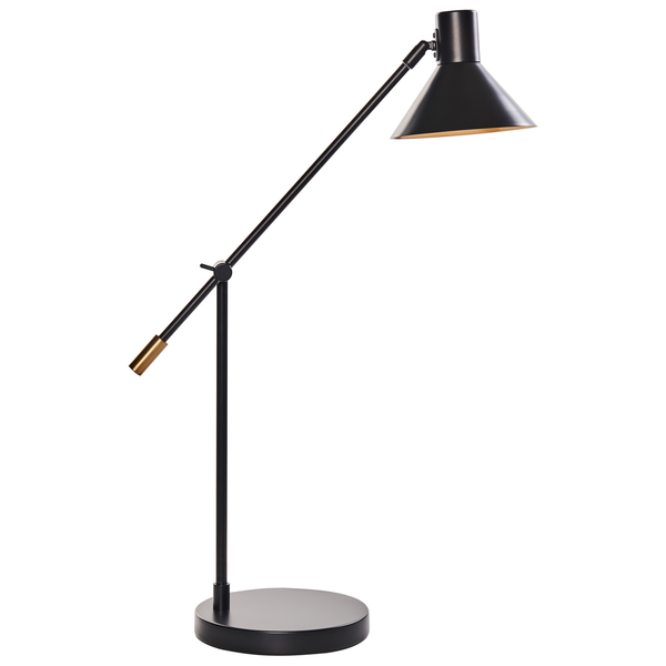 Schwarze Stehlampe mit verstellbarem Arm und konischem Lampenschirm
