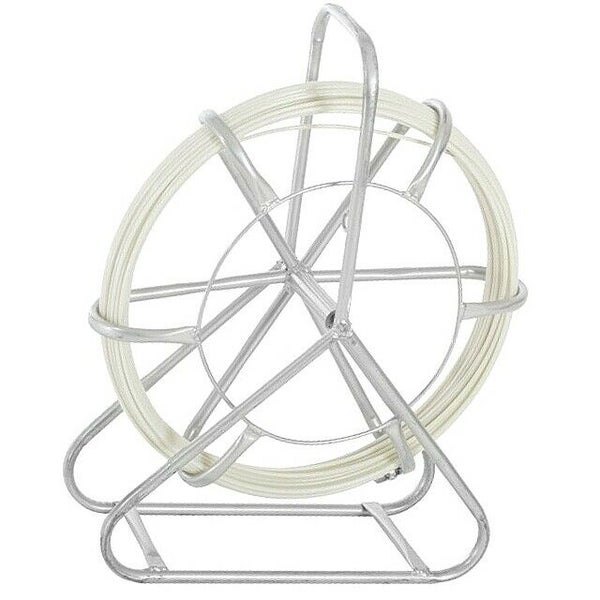 Einziehhilfe mit Glasfaserband auf einem stabilen Metallgestell zum Verlegen von Kabeln in Elektroinstallationen.