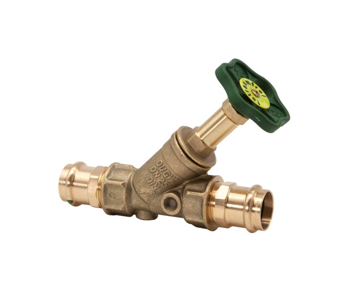 Schrägsitzventil aus Messing mit Pressanschluss, Nennweite 25, für Trinkwasserleitungen, mit grünem Handrad.