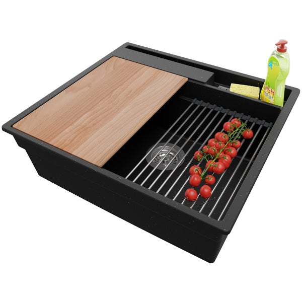 PRIMAGRAN Spülbecken Schwarz Metallic 58x53cm, Granitspüle 1 Becken + Ablauf-Set + Küchenzubehörset, Küchenspüle ab 60er Unterschrank - Oslo Pocket