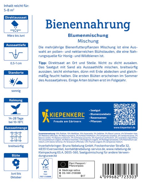 Produktverpackung Kiepenkerl Bienennahrung Blumenmischung mit Informationen zu Aussaat, Standort, Keimung und Zusammensetzung für Bienen.
