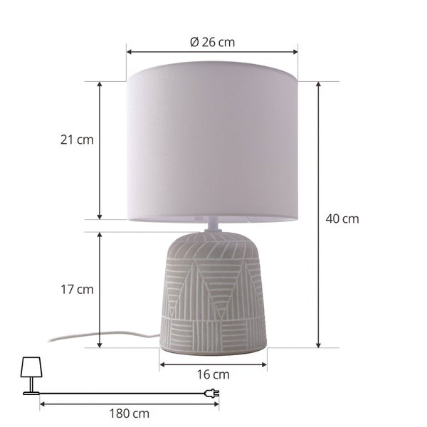 Tischleuchte mit Maßen: Gesamthöhe 40 Zentimeter, Schirmdurchmesser 26 Zentimeter, Basishöhe 17 Zentimeter, Kabellänge 180 Zentimeter.