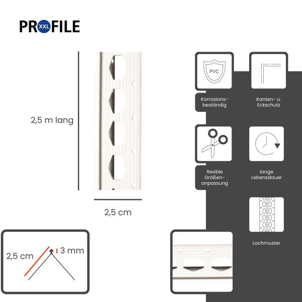 PROFILE XXL Logo, weißes PVC-Eckprofil, 2,5 Meter lang, 2,5 Zentimeter breit, 3 Millimeter dick, korrosionsbeständig, Kanten- und Eckschutz.