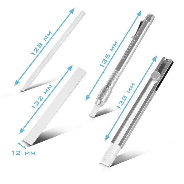 Mehrere Werkzeuge zum Glätten von Folien mit Größenangaben