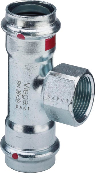 Viega T-Stück Pressfitting aus verzinktem Stahl mit zwei Pressenden und einem Innengewinde für Rohrleitungen.