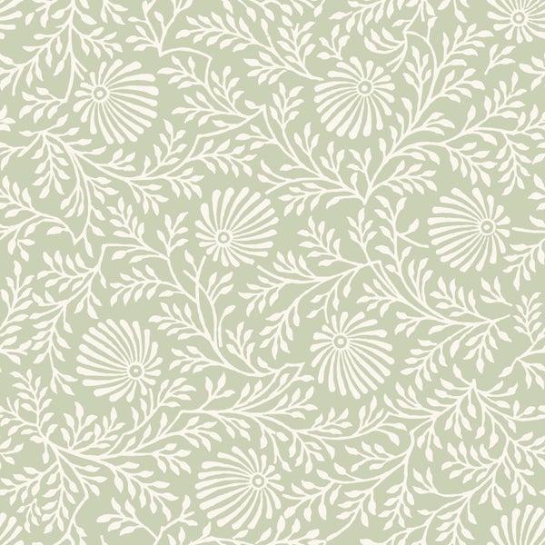 Vliestapete mit floralem Muster, weiße Blüten und Blattranken auf grünem Untergrund