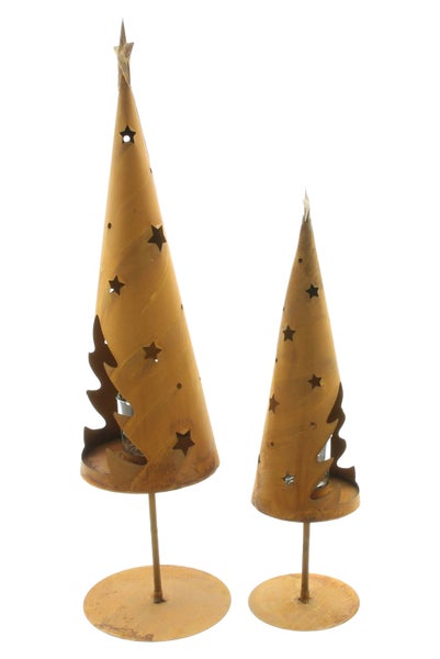 Zwei dekorative Metall-Weihnachtsbäume mit Sternenmuster und Baumform