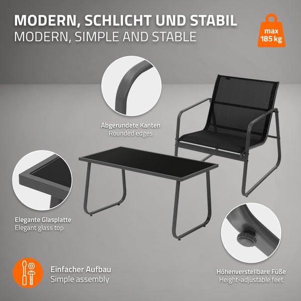 ML-Design Gartenmöbel Set 4-tlg, Schwarz, Balkonmöbel aus Stahl & Textilene für 4 Personen, Garten Sitzgruppe mit Glastisch, Sofa und 2 Sesseln, wetterfest, Gartengarnitur Outdoor für Balkon, Terrasse