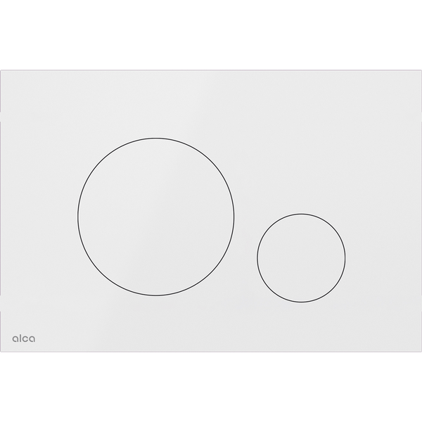 Weiße Alca Betätigungsplatte für WC, rechteckig mit zwei runden Tasten für die 2-Mengen-Spülung.