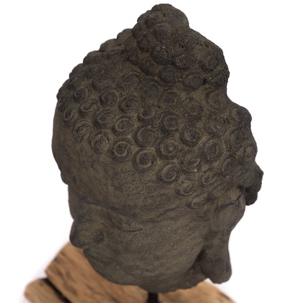 Skulptur  Buddha Beton, auf Wurzelholzsockel grau-braun