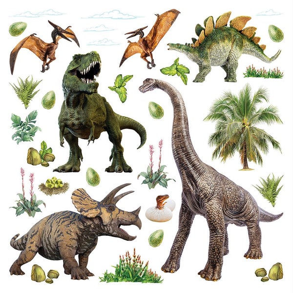 Wandsticker-Set mit verschiedenen Dinosauriern wie Tyrannosaurus Rex und Brachiosaurus, dazu Palmen, Farne und Dinosauriereier.