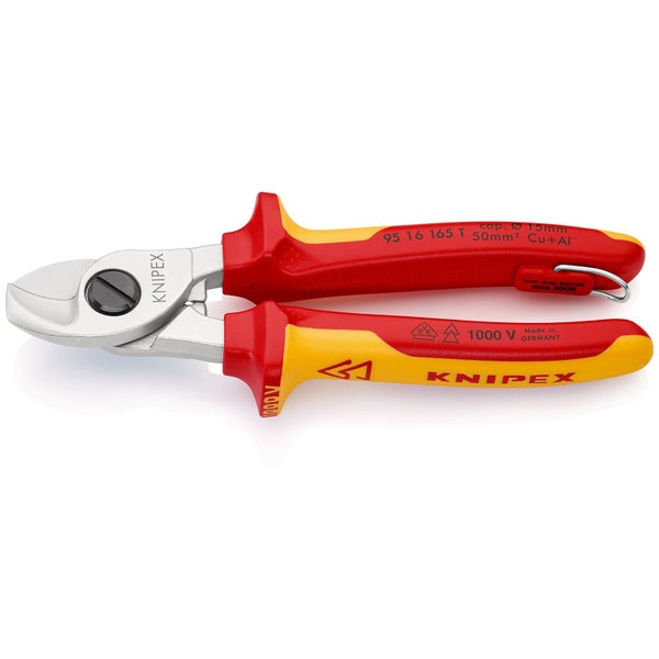 Knipex Kabelschere, VDE-geprüft bis 1000 Volt, Modell 95 16 165 T mit Befestigungsöse, für Kabel bis 15 Millimeter Durchmesser.