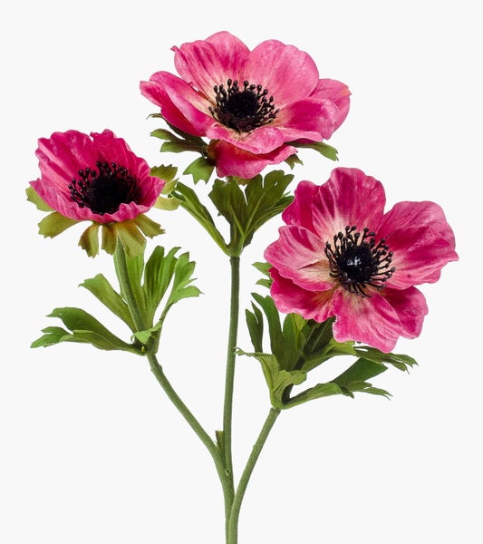 Künstliche Anemone mit drei rosa Blüten und grünen Blättern
