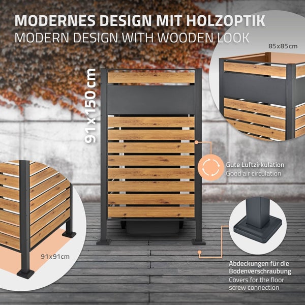 ML-Design Mülltonnenzaun für 1 Mülltonne, Anthrazit-Holzoptik, Stahl, 91x91x150 cm, rostfrei, massiv, Mülltonnenbox Mülltonnenverkleidung Mülltonnenaufbewahrung Garten Sichtschutz, mit 3 Blumenkästen