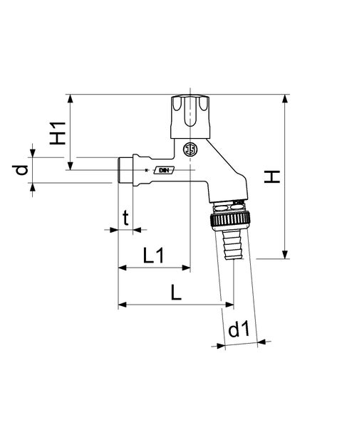 Technische Zeichnung eines Auslaufventils mit Maßangaben für Höhe, Breite und Durchmesser.