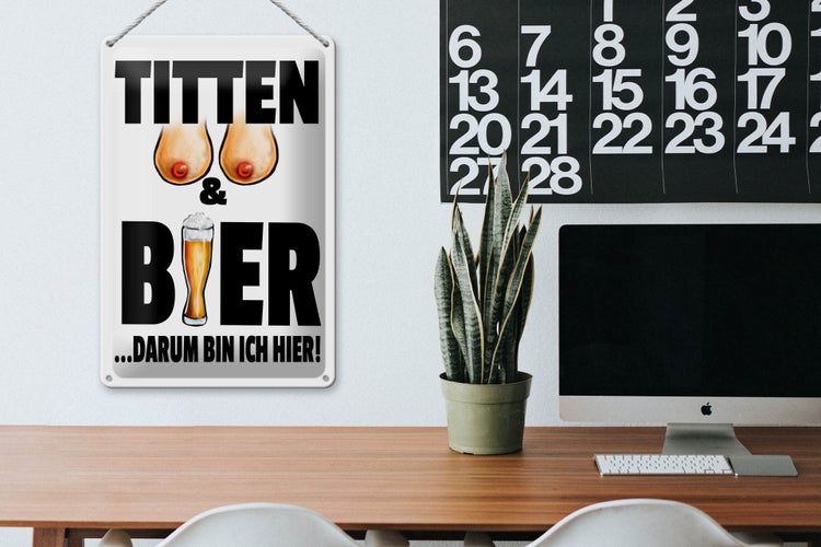 Blechschild Spruch 20x30cm Titten und Bier darum bin ich hier