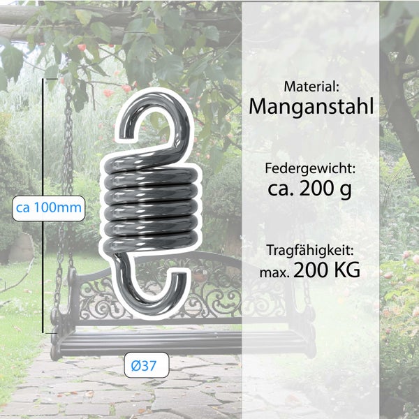 Schaukelfeder aus Manganstahl, 100 Millimeter lang, 37 Millimeter Durchmesser, 200 Gramm Gewicht, Tragkraft bis 200 Kilogramm.